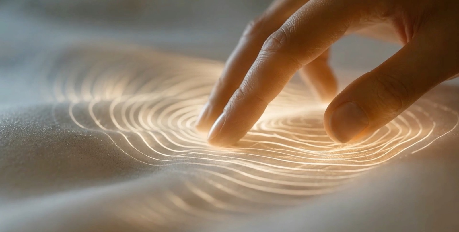 Una mano toca una superficie de luz y provoca ondas finas.