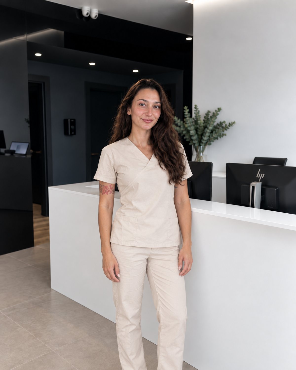 Marta Herrero, Pflegefachkraft für klinische Versorgung und Dermoästhetik bei ETRYUM, am Empfang der Klinik.