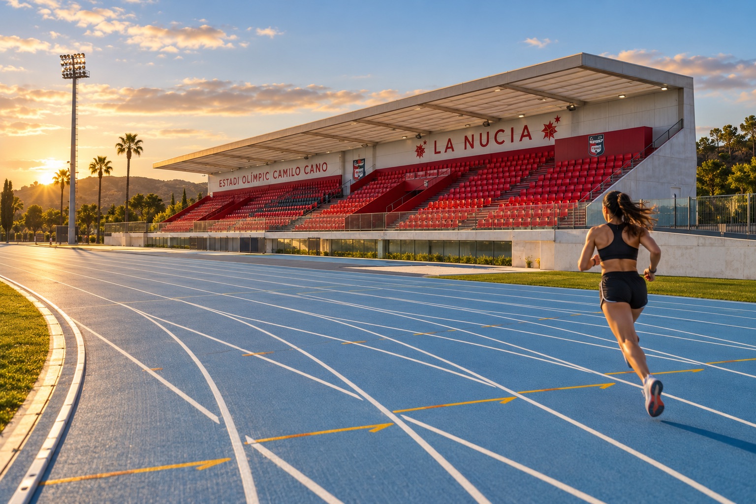 Eine Läuferin trainiert bei Sonnenuntergang auf der Bahn des Estadi Olímpic Camilo Cano in La Nucía.